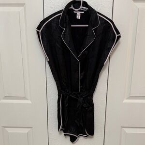 Victoria's Secret signature logo Black Satin Romper with White Trim